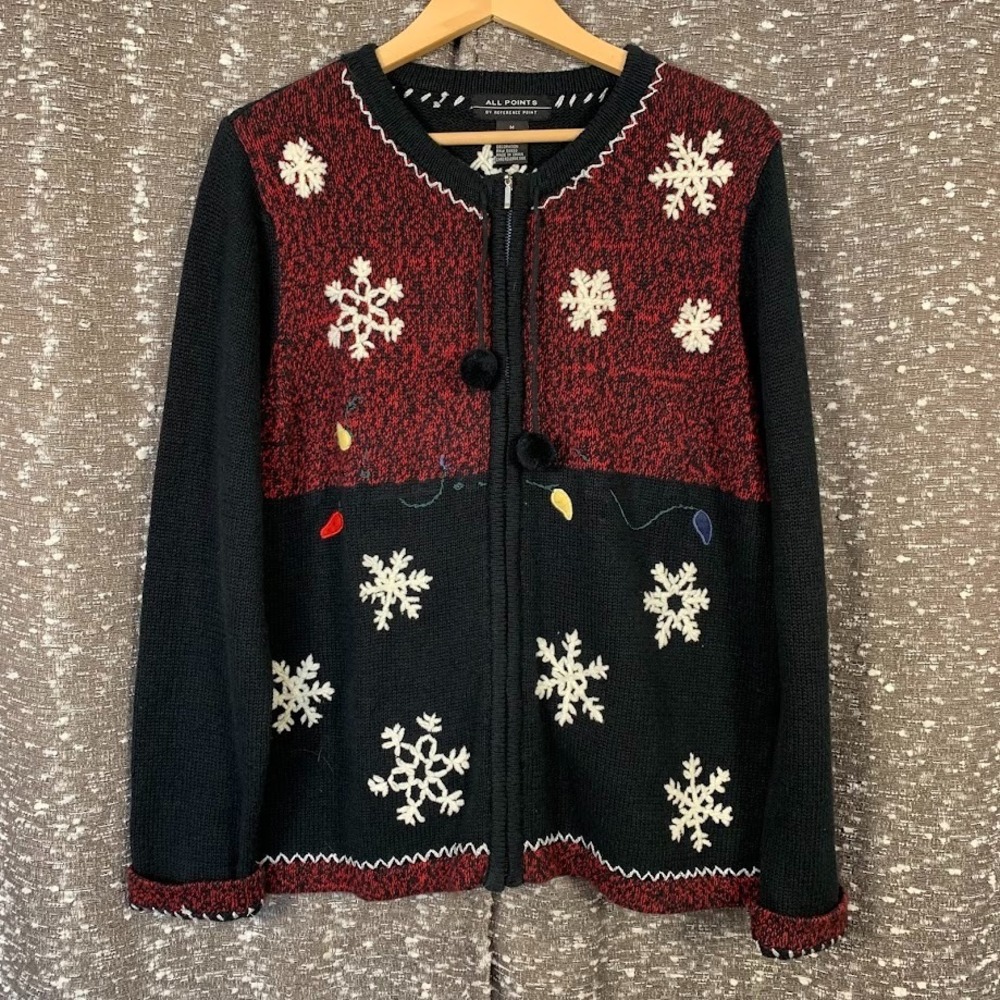 Vintage‎ All Points Holiday Christmas Knit Full Zip Cardigan Sweater Women's M
